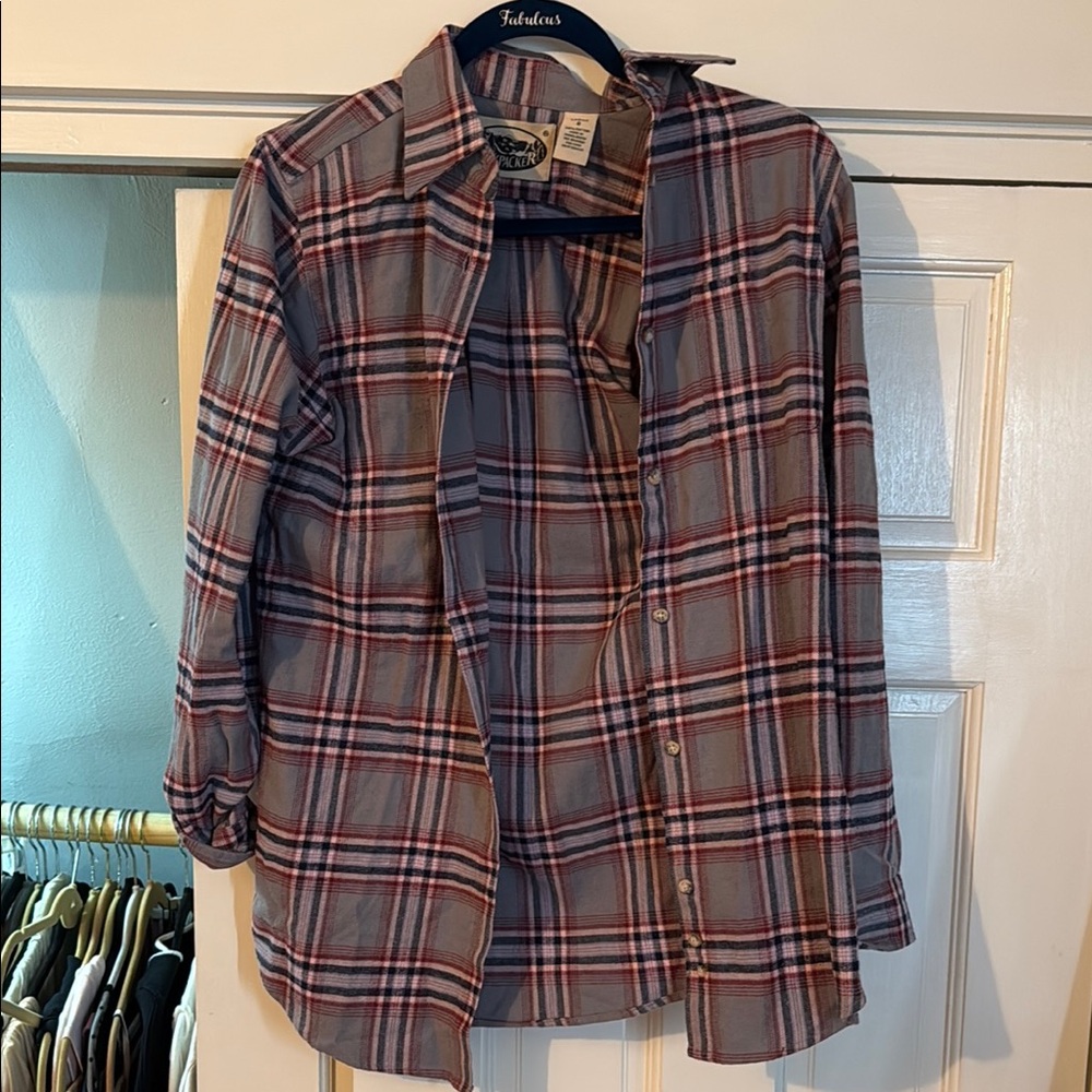 Gray and Red Relaxed Button Down Shirt with Notched Collar